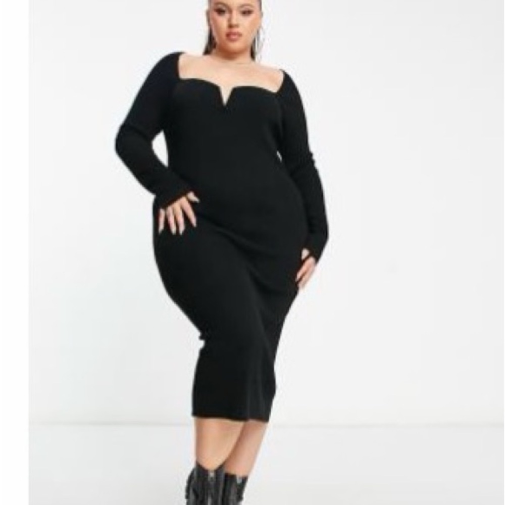ASOS‎ DESIGN Curve knit midi dress with plunge neckline in black